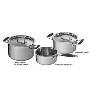 3-ply 5-piece pot set; Stainless steel multi-layer material, consists of meat pot 16, 20 and 24cm, saucepan 16cm, frying pot 20cm | Outlet price € 654,50 | RRP € 935