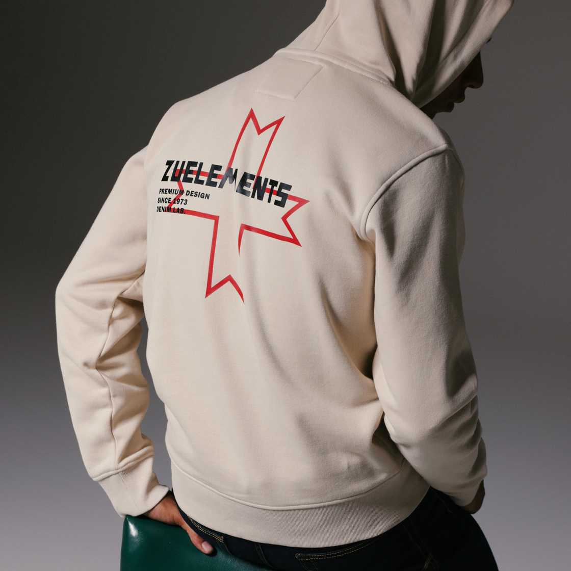 Zu Elements campaign image: a boy seen from behind wearing a hooded sweatshirt.