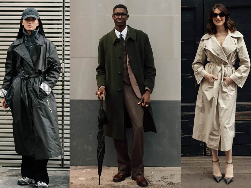 Three people wearing a variety of AW26 trench coat styles