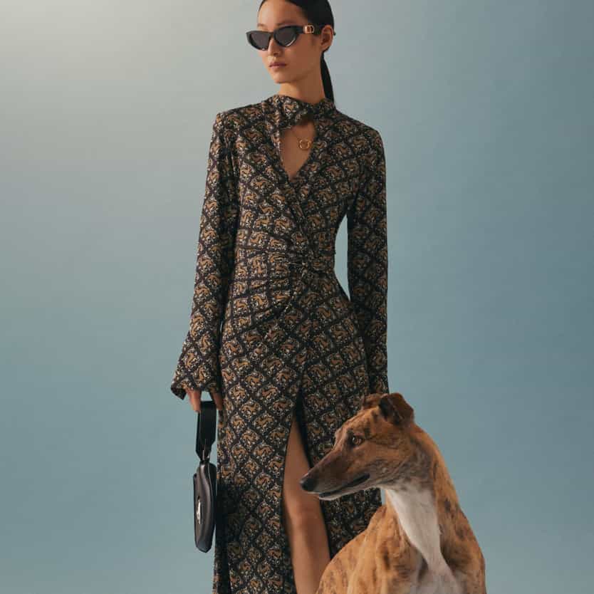 Trussardi woman wearing a dress with a greyhound