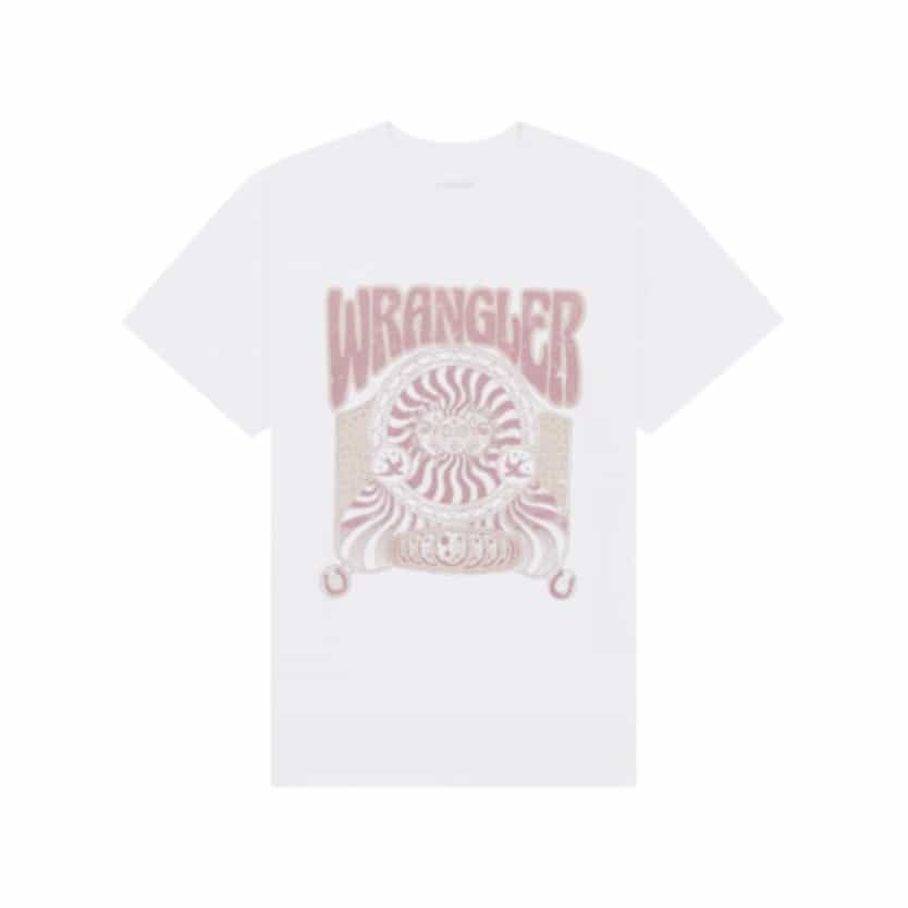 Image of a white t-shirt with red drawing and Wrangler