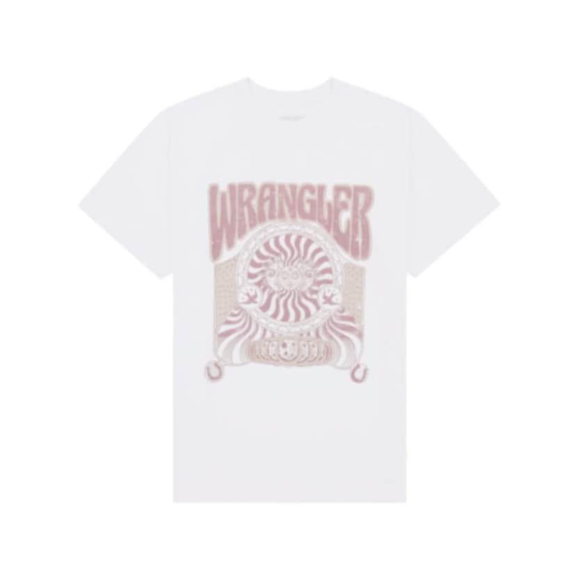 Image of a white t-shirt with red drawing and Wrangler