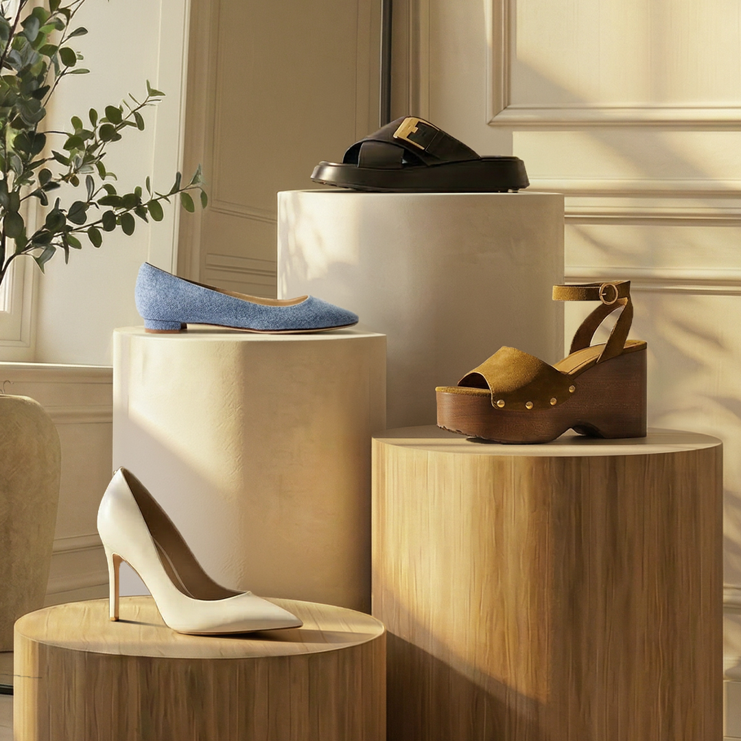 Fashionable men's shoes are displayed on wooden and beige podiums in a modern beige room.