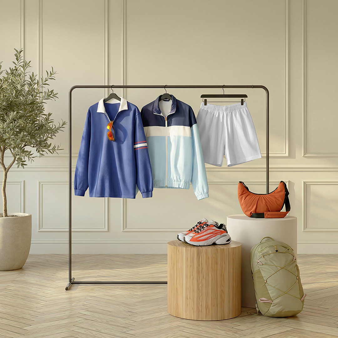 athleisure items including clothing, shoes and accessories displayed on a rail in a beige, modern room
