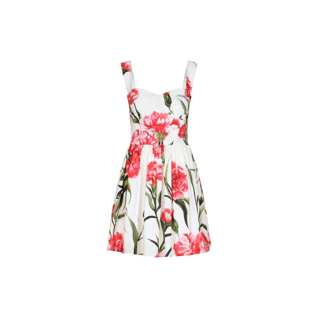 Short Carnation-Print Poplin Dress